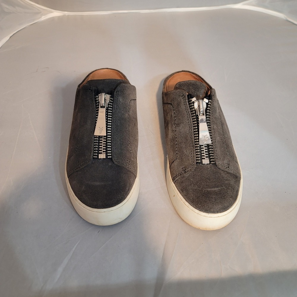 FRYE Women's Gray Suede Slip‎ On Mules Zip Front Sneaker Shoes Size 6.5